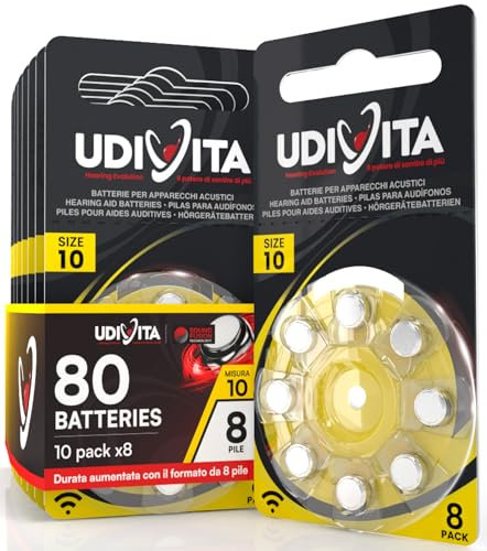 80 Hearing Aid Batteries Size 10 Udivita PR70 (Yellow) Zinc-Air Hearing Evolution with Phono Pulse Technology - 10 Blisters of 8 Batteries