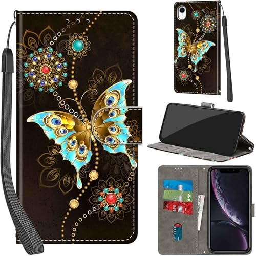 Haninsuze Handyhülle für iPhone XR Hülle, grüner Schmetterling | PU Leder, Klappbar, Kartenfächer, Ständer, Kameraschutz, Brieftasche, Magnet, Stoßfeste, Muster Motiv