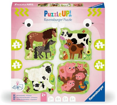 Ravensburger Puzzle UP 12004001 - Bauernhoftiere - 4 konturgeformte Puzzles mit 4, 6, 8, 10 Teilen, mit großen Bildvorlagen und Wissensheft, Puzzle ab 2 Jahren