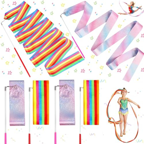 Liekadijiae 6 Stück Tanzbänder, Regenbogen Tanzband, Fantasiefarbenes Tanzband, Rhythmische Gymnastikband für Kinder, Bänder Gymnastik Tanzbänder mit Stab, 2m Tanzbänder Kinder, Funkelndes Tanzbänder