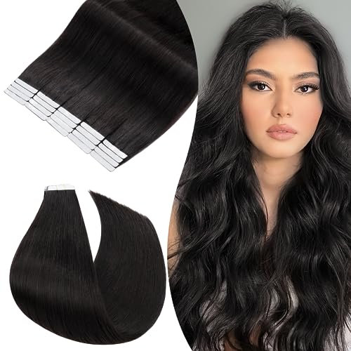 Rich Choices Tape Extensions Echthaar Tape in Extensions 40cm 20 Stück #1B Schwarz Haarverlängerung Echthaar Remy Seidig Gerade Invisible Tape ins Haar Extensions Natürliche Haarverdichterung