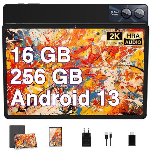 2025 NeuesteTablet 11 Zoll 2K Display 2000*1200 Android 16GB RAM + 256GB ROM Tablet PC, 8600mAh Akku, 2.4G+5G WiFi, Bluetooth 5.0, 13MP+5MP, GMS Certified, Typ-C, Metallkörper, Mit Hülle, Schwarz