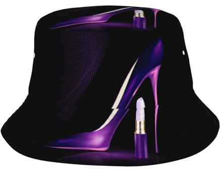 WSHFFILO Elegante lila High Heels mit Lippenstift bedruckt Erwachsene Fischerhut Fischerhut Strandhut Sonnenhut lässige Kopfbedeckung, Schwarz , 5-7