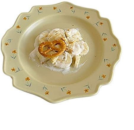 Assiettes Plates Assiette à manger vintage Fleur jaune Assiette en dentelle en céramique Assiette à dessert Assiette à salade Assiette à dîner Assiette plate à la maison Assiette profonde Assiette à m
