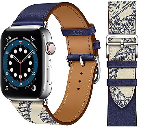 VZEXJIU Bracelets en cuir Compatible avec Apple Watch 38mm 40mm 41mm 42mm(Séries 11 10) Bracelet en Cuir Véritable Remplacement pour iWatch Ultra 3/2/1 Séries 10 9 8 7 6 5 4 3 SE,Bleu/Blanc