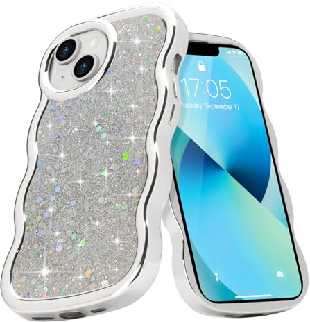 Micoden Pailletten Handyhülle für iPhone 13/14 Wellen Rahmenform Bumper | Mädchen Niedliche Curly Galvanisierte Wellen Form Handyhülle Silikon TPU Stoßfest Kameraschutz Kratzfest Schutzhülle, Silber