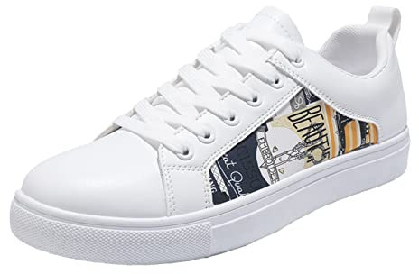 Zapatillas de skate para hombre, de piel, para hombre, color blanco, con estampado retro, sin cordones, ligeras, para gimnasio, transpirables, para correr, de moda, con cordones, amarillo, 7.5