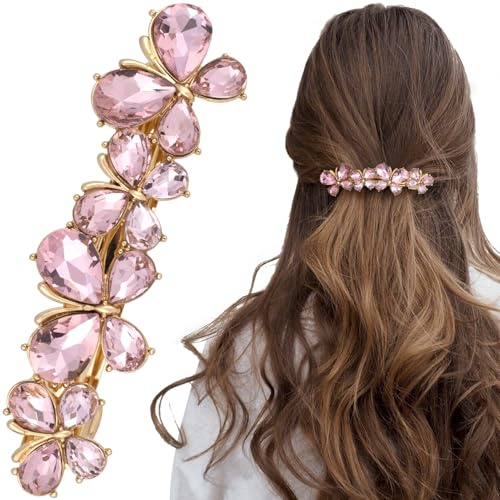 Joez Wonderful Rhinestone Hair Clips, Bridal Hair Accessories for Women, Sparkly Crystal Hair Pins, Fancy Hair Barrettes for Wedding, Bride, Long Hair (Pink Butterfly, 1 Pcs)