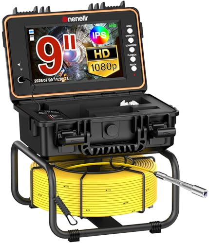 Dnenellr Rohrkamera 20M 1080P mit Licht Wasserdicht | Kanalkamera mit 512Hz Sender, Selbstnivellierung, 9 IPS Farbmonitor, DVR mit 32GB Karte für Rohrleitungen, Abfluss & Pool