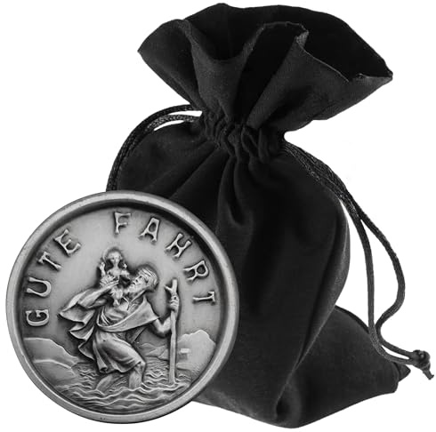 Lunexus Christophorus Auto-Magnet Ø 3,0 cm - Silber | Hl. Christophorus mit Jesuskind, Reliefstil - Klebepad & Magnet - inkl. Zertifikat & Samtbeutel - Gute Fahrt