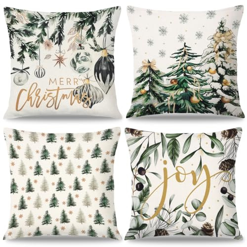 Dremisland Kissenbezug Weihnachten 45x45 cm 4er Set Leinen Weihnachtskissen Weihnachtsdeko Kissenbezüge Schneeflocke Kiefern Dekokissen Kissenhülle Winter Zierkissenbezug für Sofa (Grün, 40x40 cm)