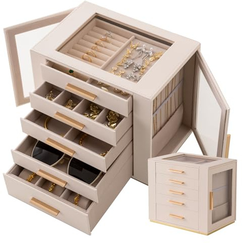 Granbest 5-stöckiger Schmuckkasten mit Glasdeckel, Hochkapazitäts Schmuckorganiser mit Schubladen & Spiegel, PU-Leder Schmuckkästchen für Halsketten, Ohrringe, Ringe, Armbänder (Beige)