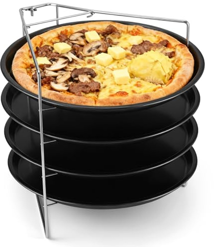 Nagoyuki Pizzablech 4er Set, ø 32 cm Pizzabäcker-Set mit 4 Backblechen und Ständer rundes Pizzabackblech mit Antihaftbeschichtung als Pizza-Backblech und Flammkuchen Blech