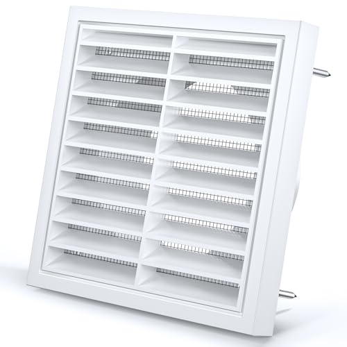 HG Power Lüftungsgitter Rechteckig 100mm Louvre ABS mit Flansch für HVAC | Quadratische Lüftungsschlitze mit Insektenschutzgitter 4 Schrauben, für Trockner, Abluftventilator, Badezimmer, Küche, Weiß