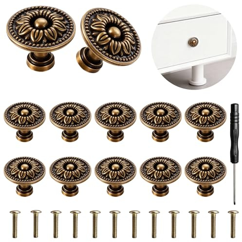 12 Stück Schrankknöpfe Vintage, 30mm schubladen knöpfe Blumen Muster Runde | mit Schrauben Schraubendreher,Stabil und Einfach zu Montieren,Antike Bronzefarbene,für Schränke,Schubladen