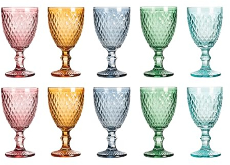 Solycarpa Juego De 10 Copas de Cristal Transparente para Fiesta, Boda o Bautizo Original y Resistente (2 Rosa + 2 Azul + 2 Ámbar + 2 Verde + 2 Azul cielo). Ideal para Vino, Cava o Agua.