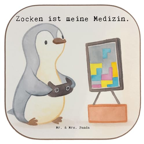 Mr. & Mrs. Panda Tischuntersetzer Pinguin Zocken Design - Geschenk, Untersetzer Tasse, Videogames, Videospiele, für Gläser, Coaster, Gaming, eckiger, gläseruntersetzer