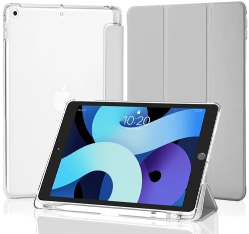 4UBonLife Cover Per iPad 9a/8a/7a Generazione 10,2 Pollici 2021/2020/2019 con Portapenna, Custodia Protettiva Sottile con Retro Rigido Traslucido Guscio Case per iPad 7/8/9, Grigio Chiaro