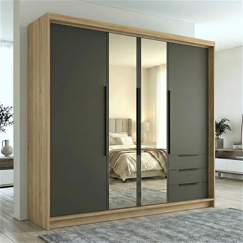 A&J MöbelLand VIVO Kleiderschrank 4-türig mit Spiegel und Schubladen – 200 x 215 cm – Drehtürenschrank mit Kleiderstange und Einlegeböden