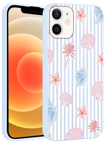 Tivkofk Cute Blue Striped Phone Case for iPhone 12/iPhone 12 Pro 6.1'', Aesthetic Trendy Floral Coconut Tree Print Pattern Case, Slim Soft Silicone Shockproof Bumper Protective Cover for Girls Women