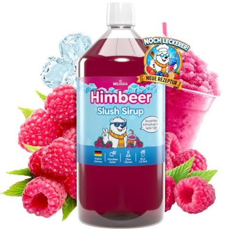 Belissia Slush Eis Sirup Himbeer Geschmack 1000ml Konzentrat 1:5 | Glycerinfrei, knallige Farbe, sehr ergiebig, für Slush Maschinen, Slush Eis, Wassereis, Getränke, Partys und Gastro