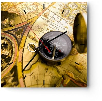 ARTTOR Modern Wanduhr Abstrakt Kommunikation kompass Erde 40x40cm Quadrat Groß Wand Uhr Glas Analog Zimmeruhren Küche Büro Wohnzimmer Glasuhr Wall Clock Dekoration Design Küchenuhr C3AC40x40-2129
