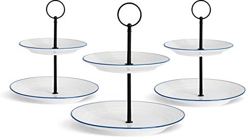 Nicola Spring Farmhouse 2 Tier Cake Stands - 3 Pack 21cm White Porcelain Dessert Stand with Blue Rim - Vintage Style for Afternoon Tea, Cupcakes, Pastries - Dishwasher Safe Serving Display Tray