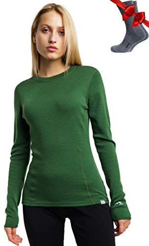 Merino.tech Merino Wool Base Layer Women 100% Merino Wool Midweight Long Sleeve Thermal Shirts + Wool Socks (Medium, Olive 250)