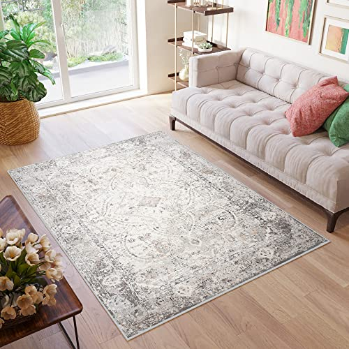TAPISO Valley Teppich Kurzflor Vintage Creme Weiß Grau Dunkelgrau Rahmen Design Used Effekt Meliert Verwischt Wohnzimmer Schlafzimmer ÖKO-TEX 300 x 400 cm