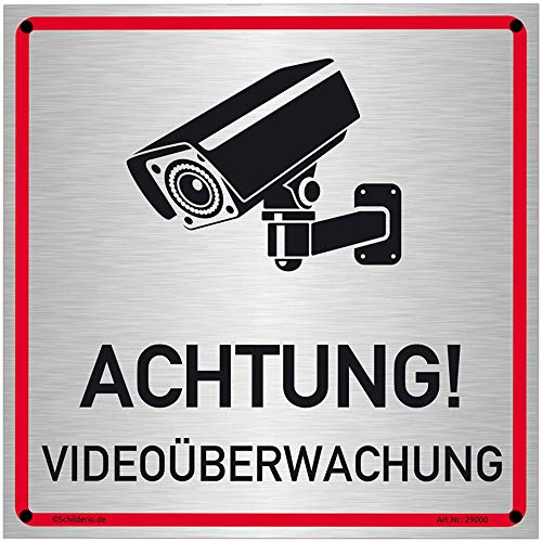 Schilderio Panneau d'avertissement de vidéosurveillance (20 x 20 cm) en aluminium composite avec trous de perçage et kit de montage