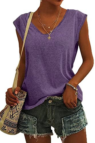 ASKSA Women V Neck Cap Sleeve T-Shirt Summer Solid Color Tank Top Casual Loose Shirts Basic Tee Tops (Purple,XL)