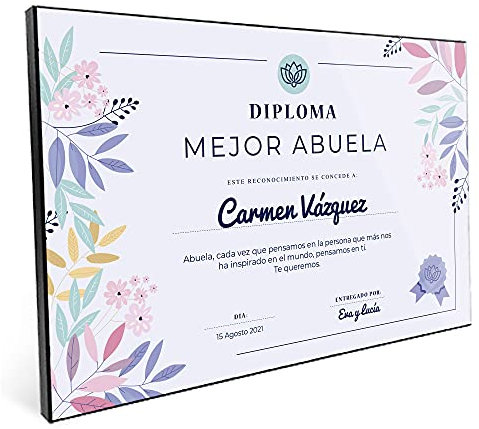 LolaPix Diploma Abuela. Regalos Personalizados. Placa de Madera. Tamaño 20x30cm. Varios diseños. Modelo Flores