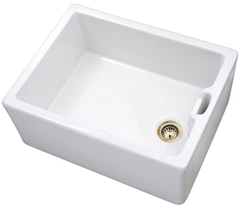 Astini Belfast 100 1.0 Bowl White Ceramic Kitchen Sink & Bronze Strainer Waste