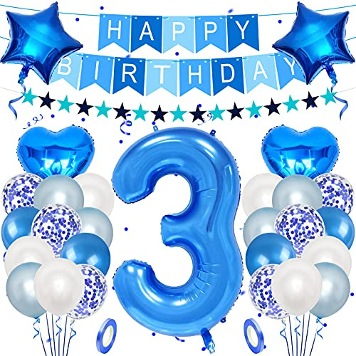 Unisun 3rd Birthday Decorations for Boy, Blue White Confetti Latex Balloons | with 40 Inch Helium Foil Blue Number 3 Balloon, Happy Birthday Banner & Bunting, Star & Heart Balloon for 3 Year Kid Party