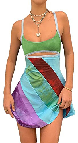 Women 's Deep V Neck Halter Dresses Summer Floral Peint Bodycon Mini Short Dress Backless Y2K Tank Dress 90S Streetwear (B3, M)