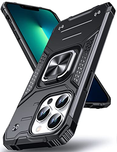 DASFOND Designed for iPhone 13 Pro Case, Military Grade Shockproof Protective Phone Case Cover with Enhanced Metal Ring Kickstand [Support Magnet Mount] for iPhone 13 Pro 6.1 inch, Black