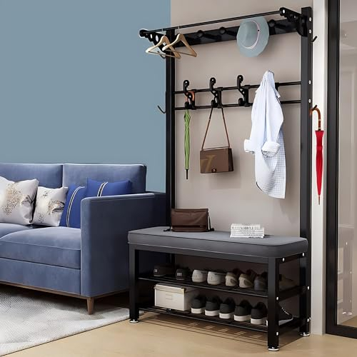WPPTNSFY Porte-Manteaux avec Banc à Chaussures, Portemanteau Arbre D'entrée avec 9 Crochets, Conception de Coussin de Pied, pour Entrée, Chambre à Couche 80/100 * 33 * 172CM