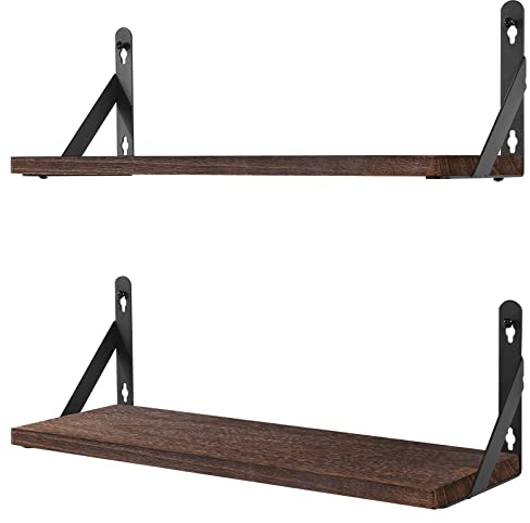 AGM Wall Mounted Shelves Set of 2, Rustic Dark Wood Wall Floating Shelves for Bedroom, Living Room, Kitchen, Laundry Room Storage & Decoration-Dark Brown