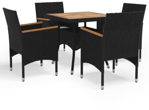 vidaXL Garten Essgruppe 5-TLG., Gartengarnitur mit Kissen, Sitzgruppe für Garten Terrasse, Gartentisch Stühle Gartenmöbel, Schwarz Poly Rattan Massivholz