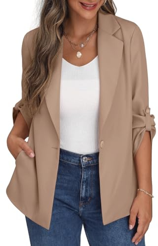 PrinStory Blazer för dam, öppen framsida, cardigan, justerbar ärm, blazer, jacka med knappfickor, Khaki, 40/42 SE