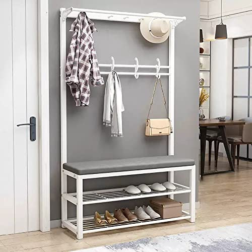 Garderobenständer mit Sitzbank,Freistehende Garderobe mit Schuhregal 3 Ablagen, Kleiderständer aus Metall mit 6 Haken und Sitzfläche, Industriestil, 100x30x172cm Weiß
