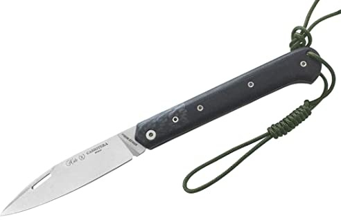 MIGUEL NIETO - Navaja Cabritera, hoja en acero inoxidable Böhler N695co de 9 cm. y empuñadura en G10 y virola de fibra de carbono, con separadores de acero, Hueco con cordón fiador incluido