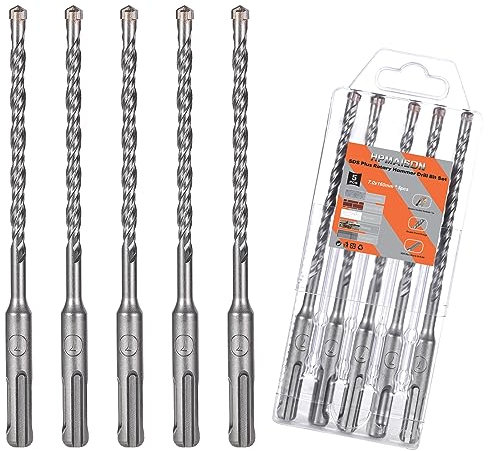 HPMAISON SDS Plus Rotary Hammer Drill Bit Set 7mm x 160mm, 5PCS Cross Drill Bits Hammer Impact Drill Bit 4-Cutter Carbide Tips for Drilling Stone, Concrete, Brick Wall, Cement, Masonry