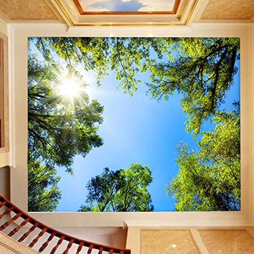 BOEERLCNL PVC selbstklebend 3D Deckentapete grüner Baum blauer Himmel Sonnenschein Wohnzimmer Schlafzimmer Dachaufkleber Wandmalerei