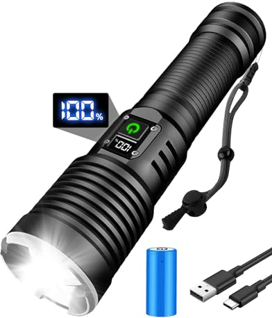Maxesla Torcia LED Ricaricabile, 20000 Lumen Torcia LED Potente Professionale con Display, Messa a Fuoco Regolabile 5 Modalità di Luce Potente Torcia, Emergenza, Pesca, Escursionismo, Grigio
