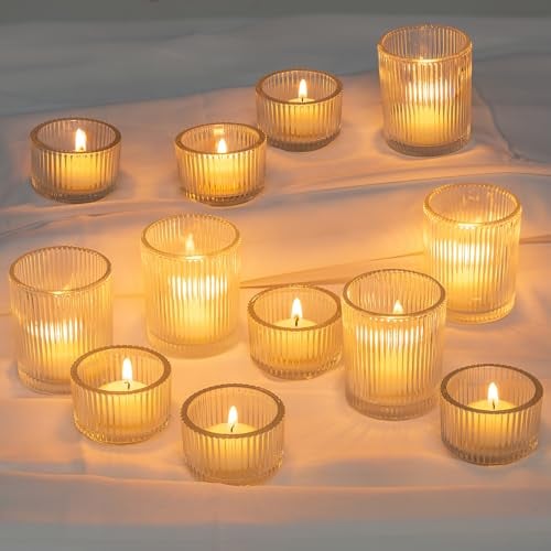 Glasseam Klar Teelichthalter Glas, Kleine Kerzenhalter Teelicht Satz von 24, Gerippt Kerzenglas, Teelichtgläser Weihnachten für Hochzeit Tisch, Votivkerzenhalter für Haus Esstisch Wohnzimmer Deko