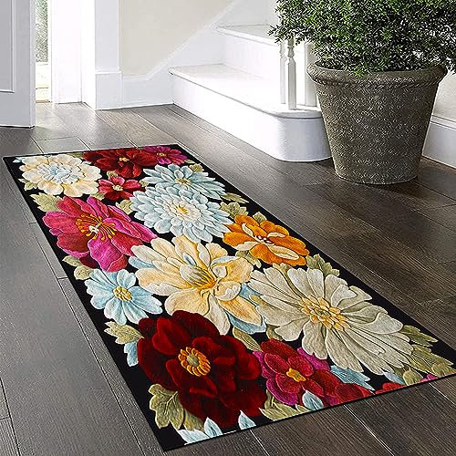 Teppich Läufer Flur Küche Waschbar Rutschfest 80x140cm ,Vintage 3D Blumenmuster Bunter Lang Küchenteppich Flurteppich Teppich Fur Korridor Wohnzimmer Schlafzimmer Meterware Anpassbar,Colored flowers