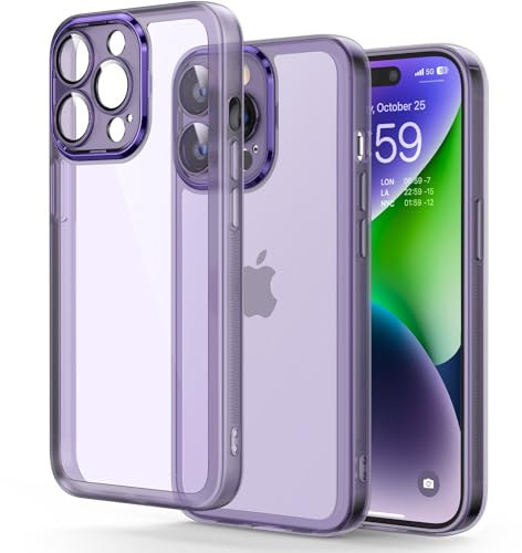 Honeyview Colored Clear Case for iPhone 14 Pro Max with Matte Border, Built-in Camera Lens Protector, Non-Yellowing, Shockproof, Armour Phone Cover for Apple iPhone 14 Pro Max 5G - Purple