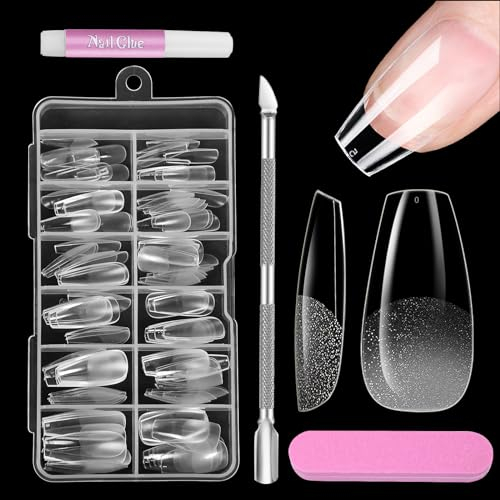 Nageltips für Gelnägel Set, Venares 120 Stück Soft Gel Tips Nägel zum Aufkleben 10 Größen Kurze Sarg Nagel Tips Set mit Kleber Nagelpuffer Nagelhautschieber, Vorpolierte Nageltips Kurz für Gelnägel