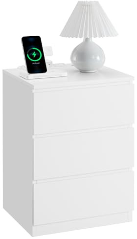 VASAGLE Nightstand with Charging Station, 2 AC Outlets and 2 USB Ports, Bedside Table, Side Table with 3 Drawers, Modern Style, 13.8 x 15.7 x 23.2 Inches, Cloud White ULET631W16